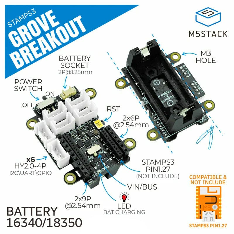 M5StampS3 Grove Breakout with 1.27mm Header Pins - The Pi Hut