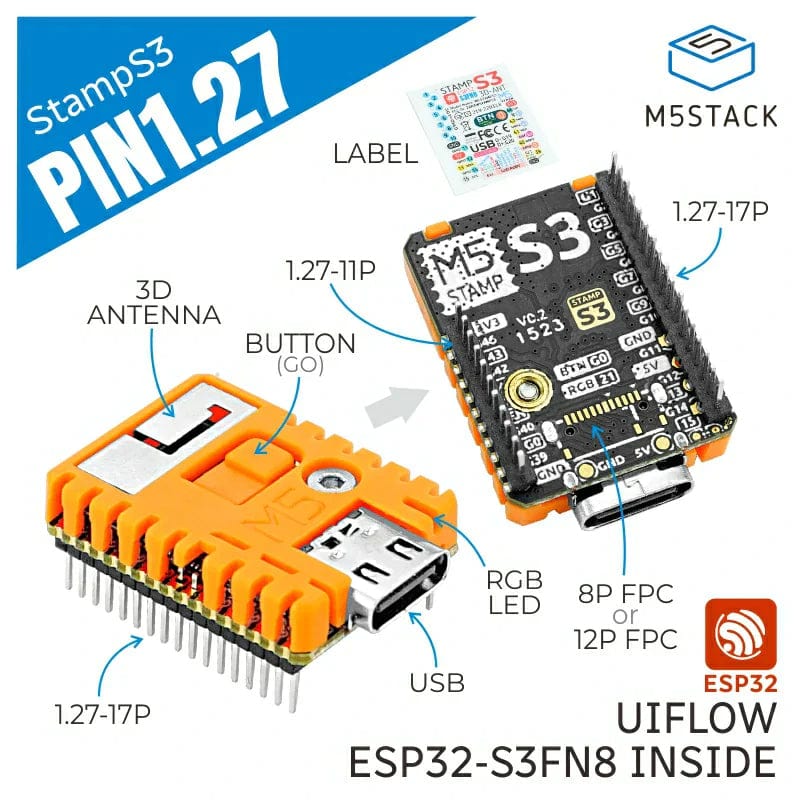 M5StampS3 with 1.27mm Header Pins - The Pi Hut