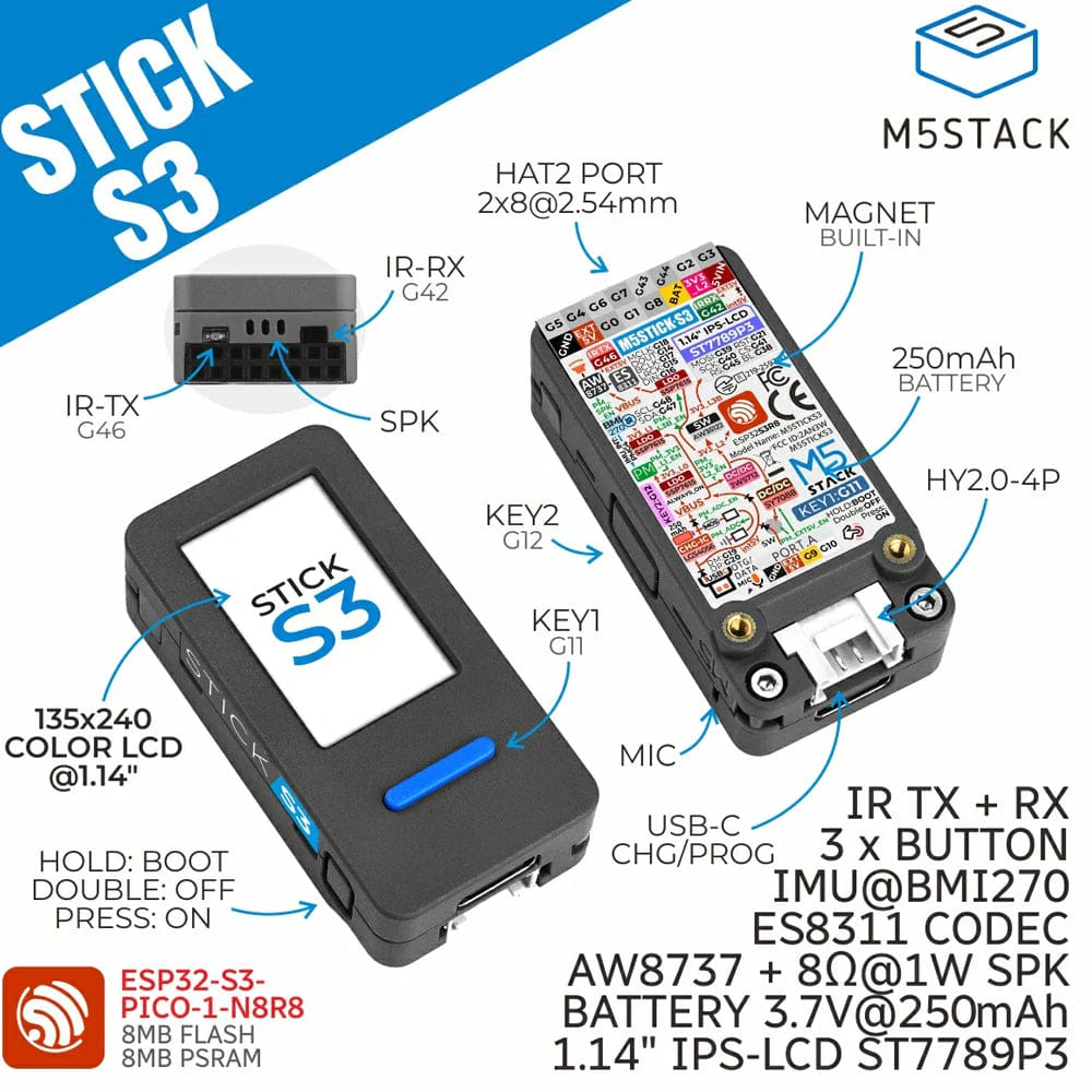 M5StickS3 ESP32S3 Mini IoT Dev Kit by M5Stack - The Pi Hut