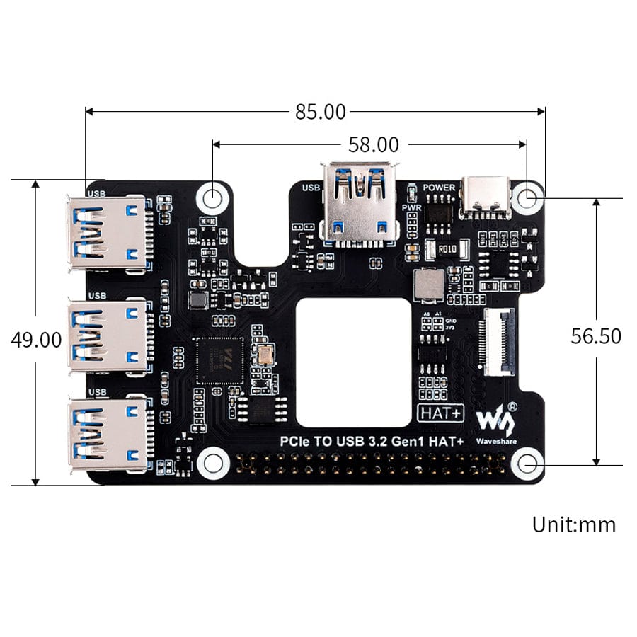 PCIe USB 3.2 Gen1 HAT+ for Raspberry Pi 5