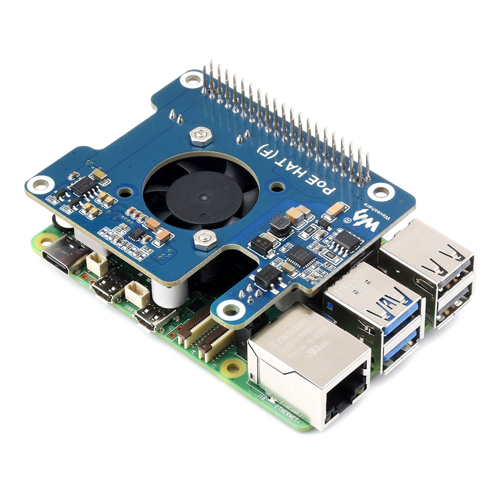 PoE HAT for Raspberry Pi 5 with Cooling Fan (5V and 12V outputs) - The Pi Hut