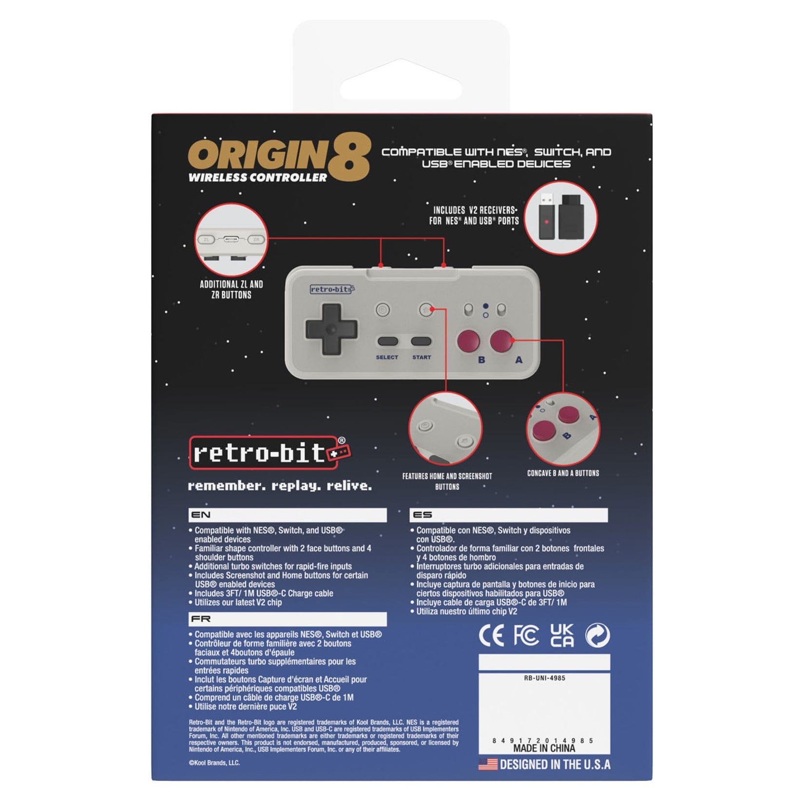 Retro-Bit Origin8 2.4Ghz Wireless Controller - GB Grey by Retro-Bit - The Pi Hut