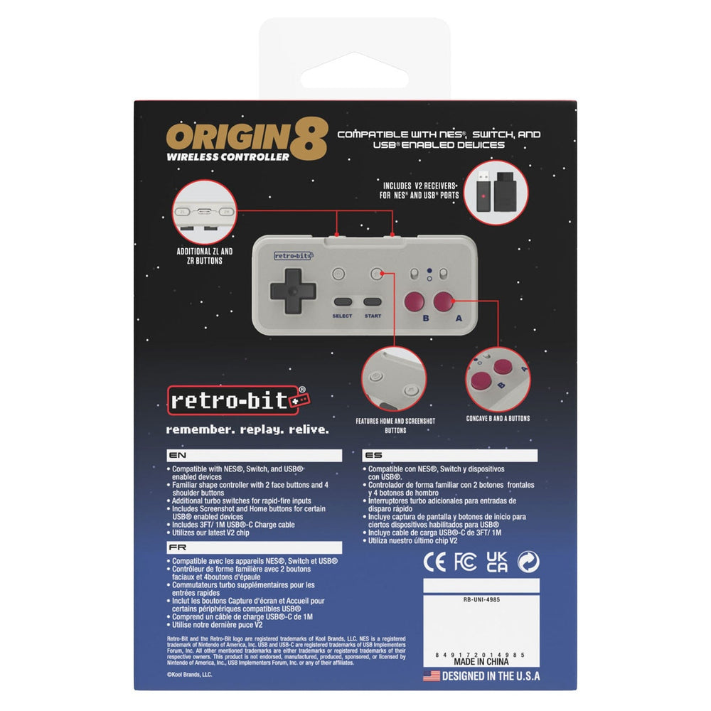Retro-Bit Origin8 2.4Ghz Wireless Controller - GB Grey by Retro-Bit - The Pi Hut