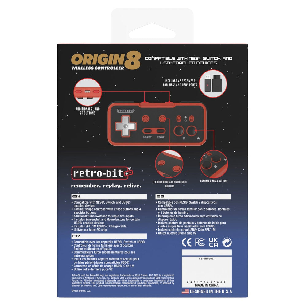 Retro-Bit Origin8 2.4Ghz Wireless Controller - Red & Black by Retro-Bit - The Pi Hut