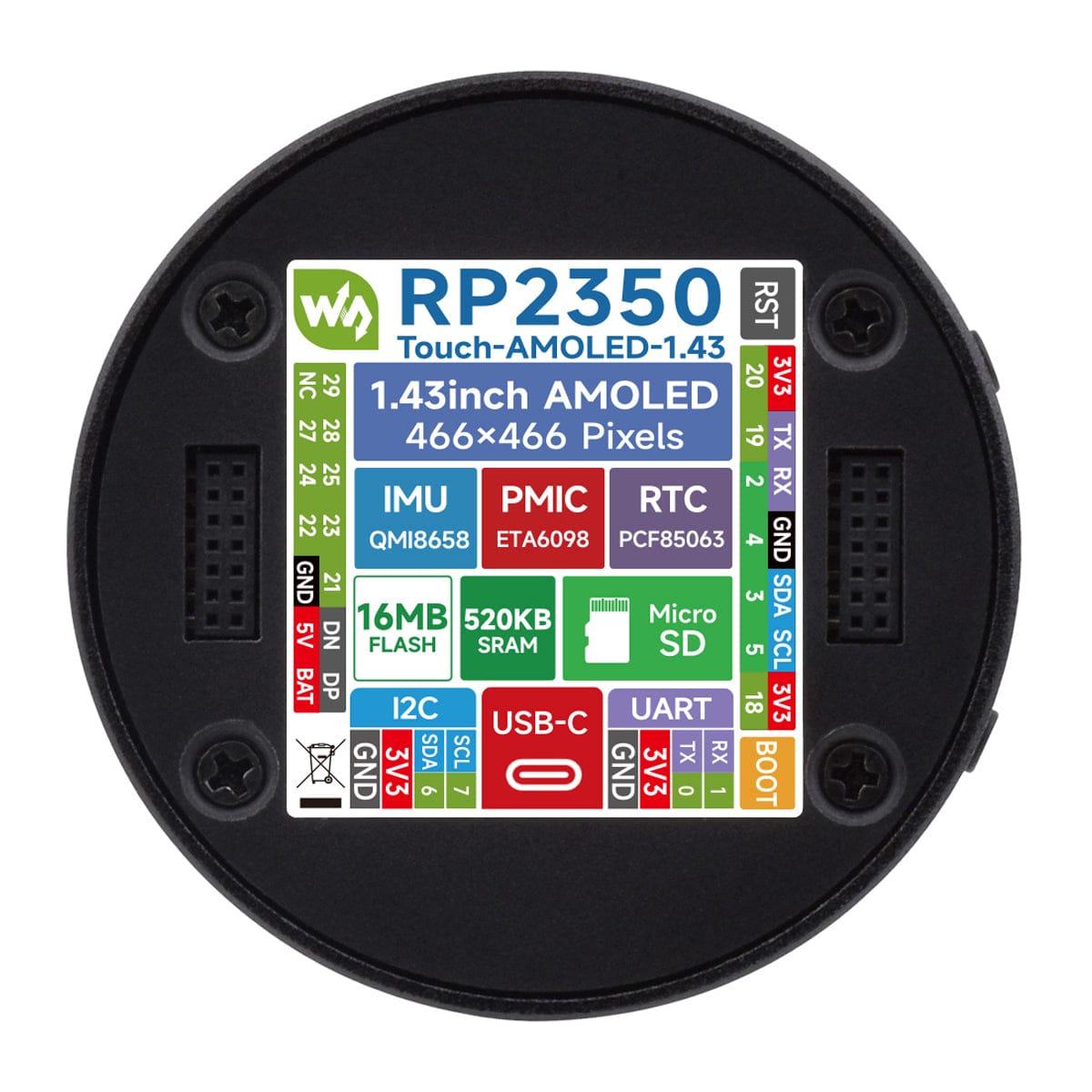 RP2350 1.43" AMOLED Round Display Dev Board (466x466) by Waveshare - The Pi Hut