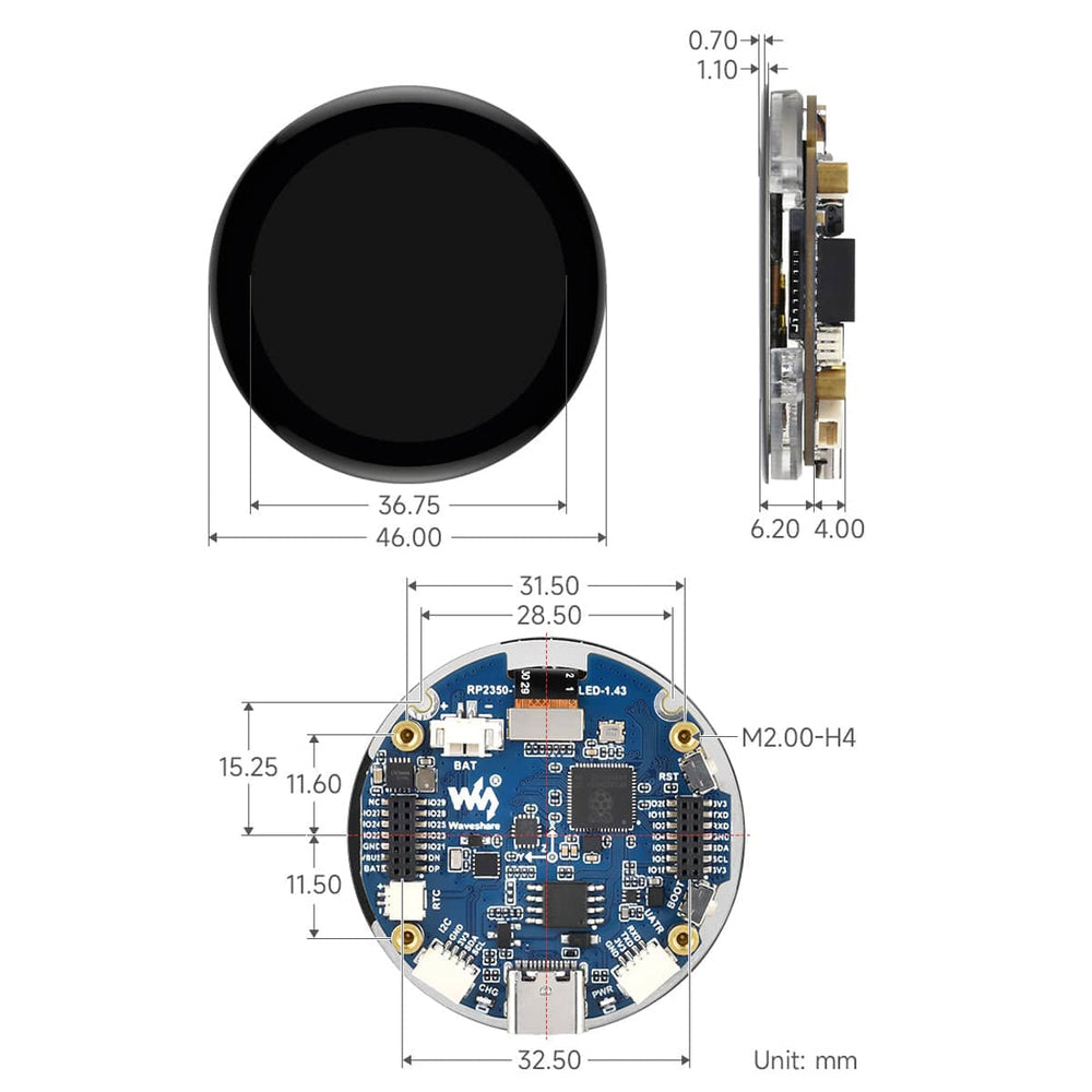 RP2350 1.43" AMOLED Round Display Dev Board (466x466) by Waveshare - The Pi Hut