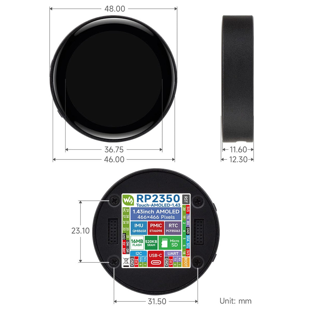 RP2350 1.43" AMOLED Round Display Dev Board (466x466) by Waveshare - The Pi Hut