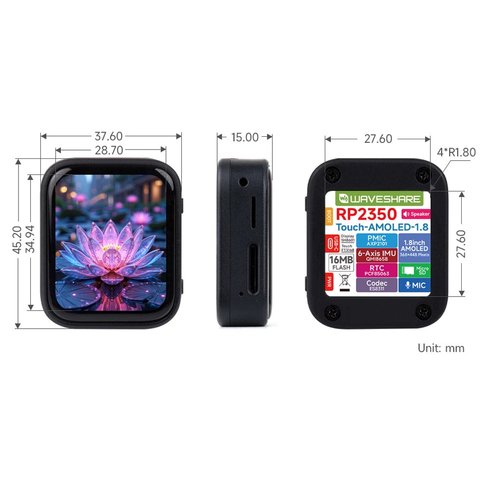 RP2350 1.8" AMOLED Touch Display Dev Board (368×448) by Waveshare - The Pi Hut