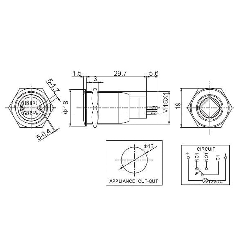 Rugged Metal On/Off Switch with Red LED Ring (16mm Red On/Off)