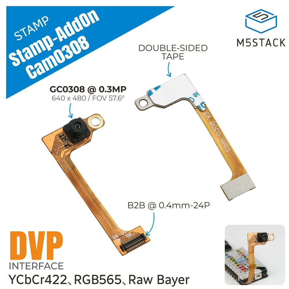 Stamp-AddOn Cam GC0308 for Stamp S3Bat by M5Stack - The Pi Hut