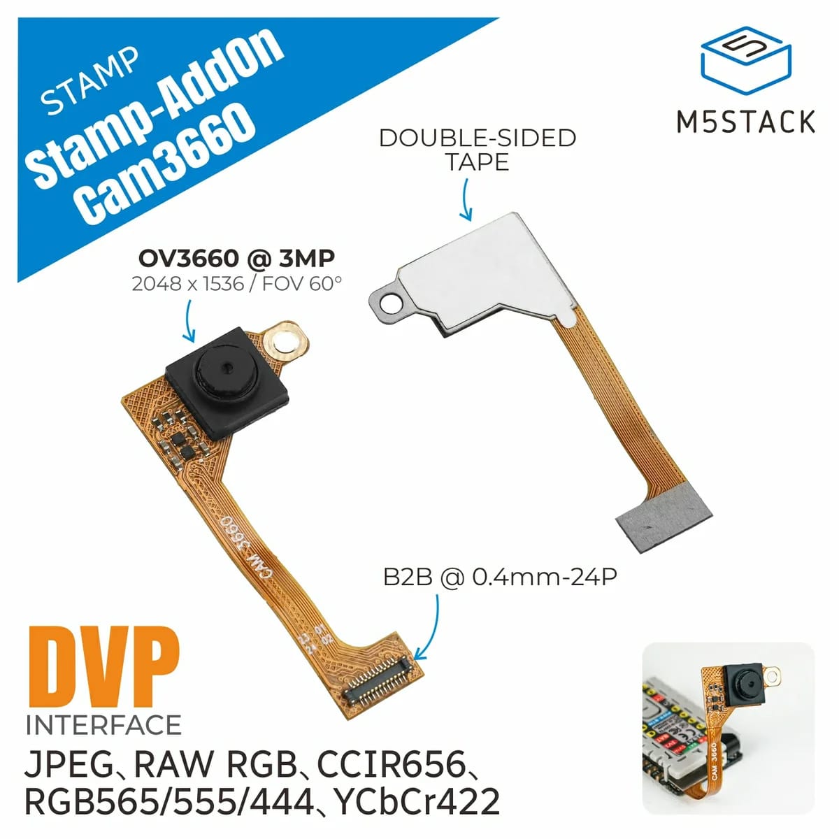 Stamp-AddOn Cam OV3660 for Stamp S3Bat by M5Stack - The Pi Hut