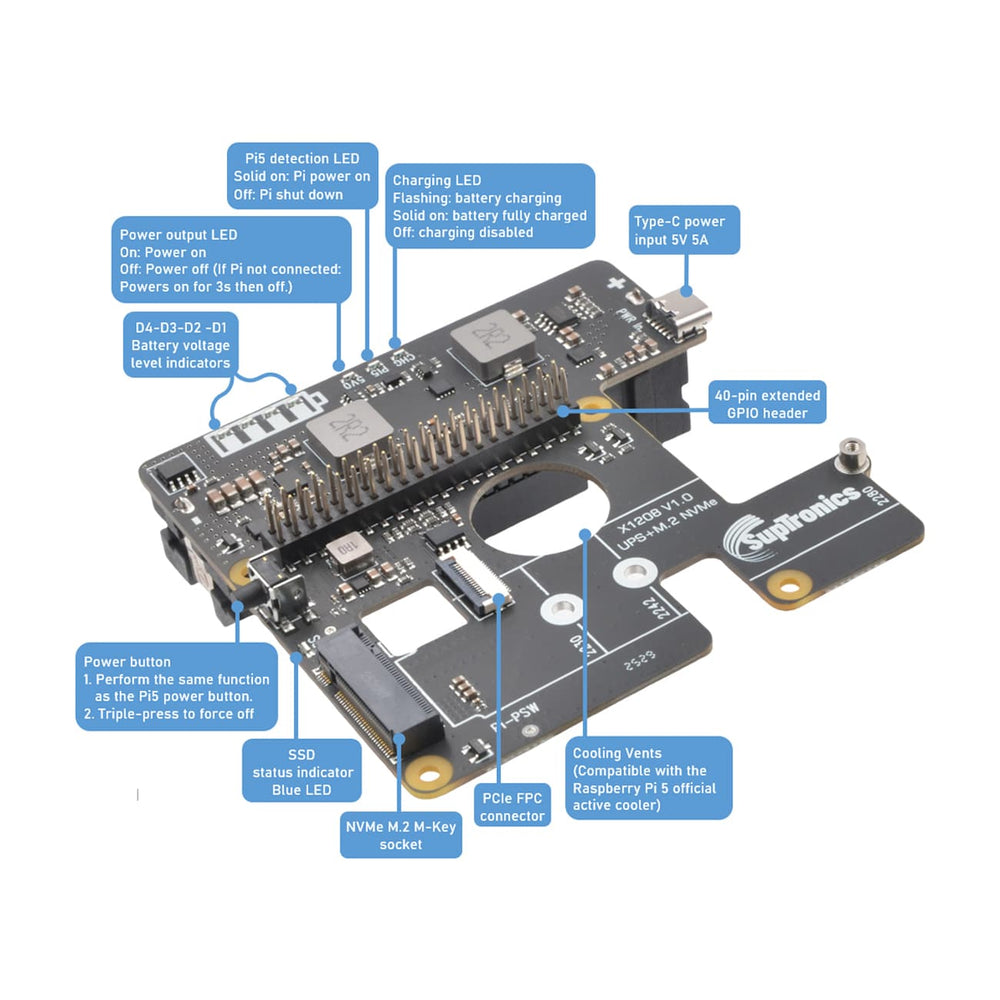 SupTronics X1208 UPS + M.2 2280 NVMe Add-on by SupTronics - The Pi Hut