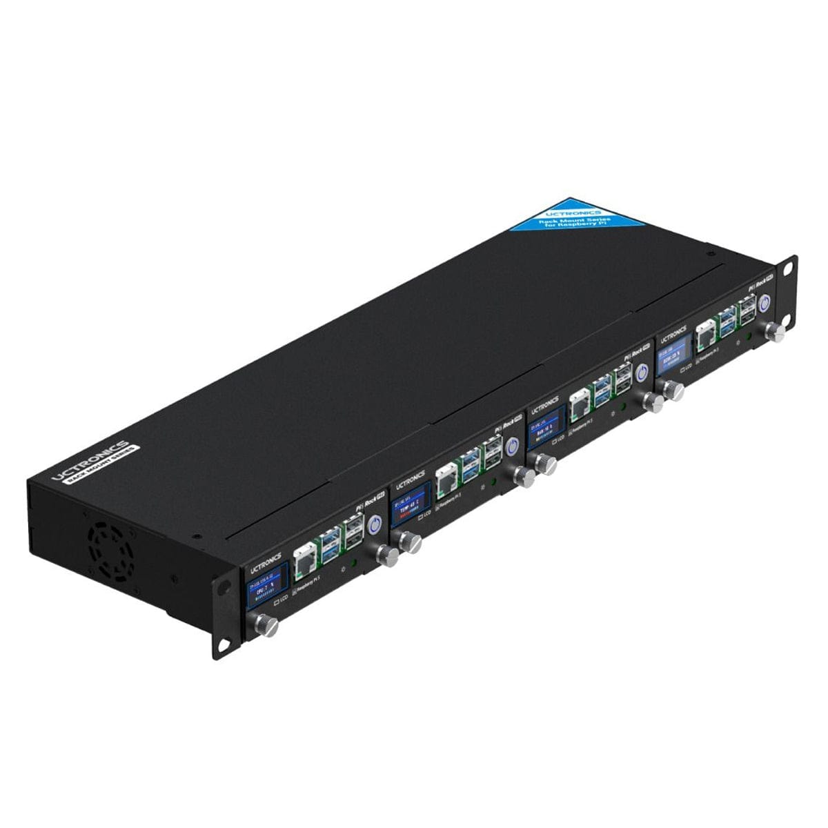 Uctronics Rack Pro for Pi 5 - 19" 1U Rack Mount with 4x M.2 Bases and LCDs by Uctronics - The Pi Hut