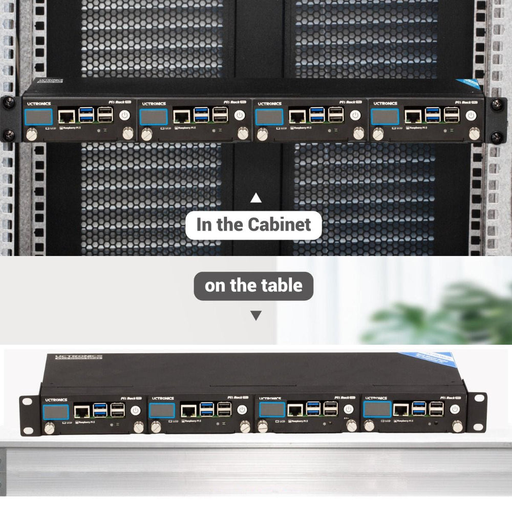 Uctronics Rack Pro for Pi 5 - 19" 1U Rack Mount with 4x M.2 Bases and LCDs by Uctronics - The Pi Hut