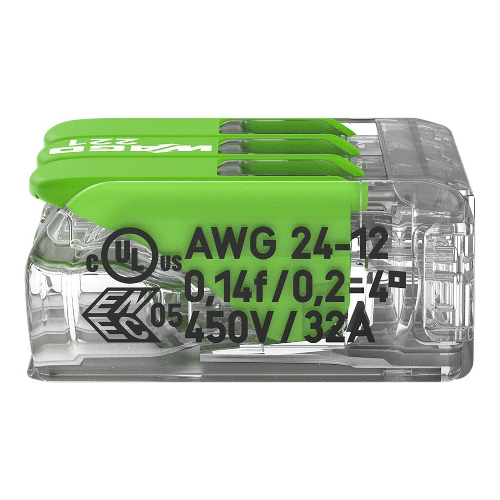 WAGO Green 221-423 32A 3-Way Lever Connectors - Pack of 3