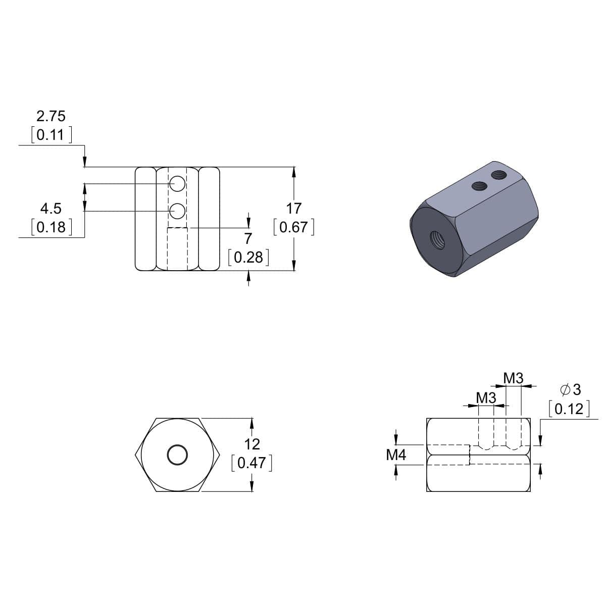 12mm Hex Wheel Adapter for 3mm Shafts (2-Pack) - The Pi Hut