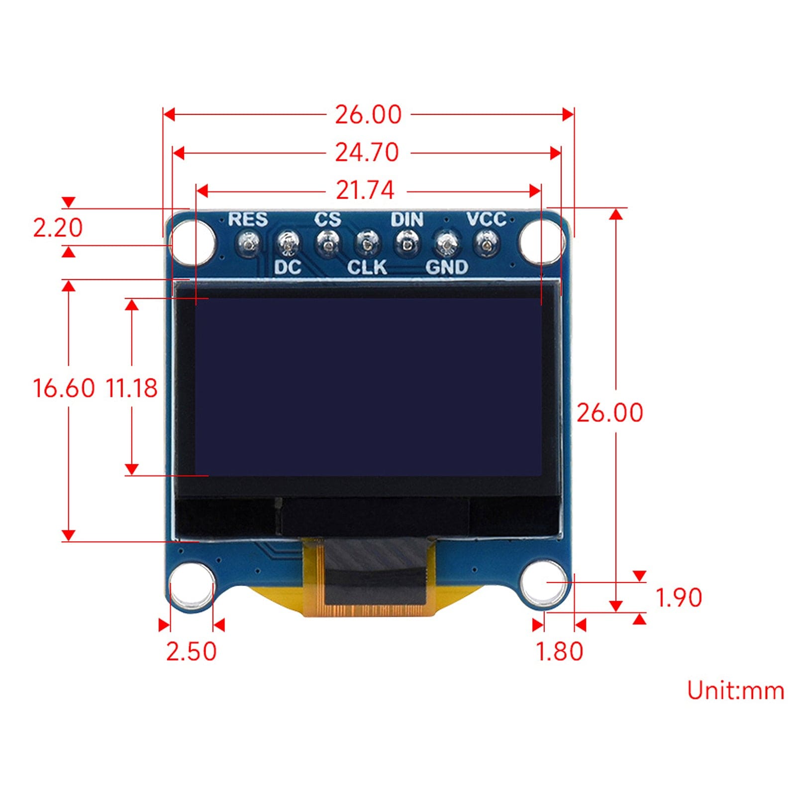 Blue 0.96" OLED Display Module (128x94) - The Pi Hut