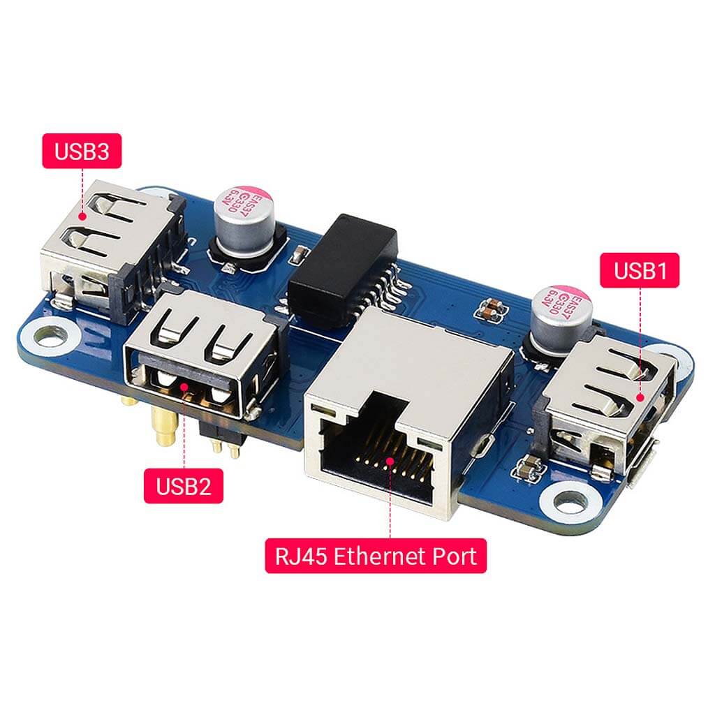 Ethernet / USB HUB HAT for Raspberry Pi (1x RJ45 & 3x USB 2.0) - The Pi Hut