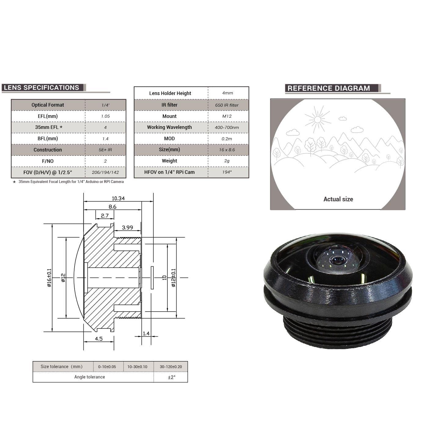 M12 Lens - 206-Degree (1/4" Optical Format, 1.05mm Focal Length) - The Pi Hut