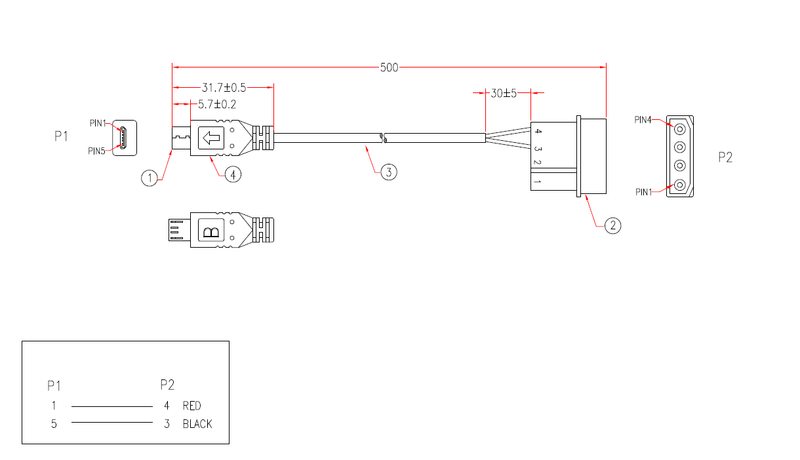 Micro Usb 4wire Micro USB to 4-Pin Molex Socket Cable (0.5m) - The Pi Hut