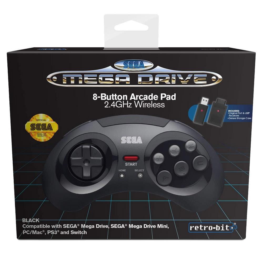 Retro-Bit Official SEGA Mega Drive 8-Button 2.4Ghz Wireless Arcade Pad - Black - The Pi Hut