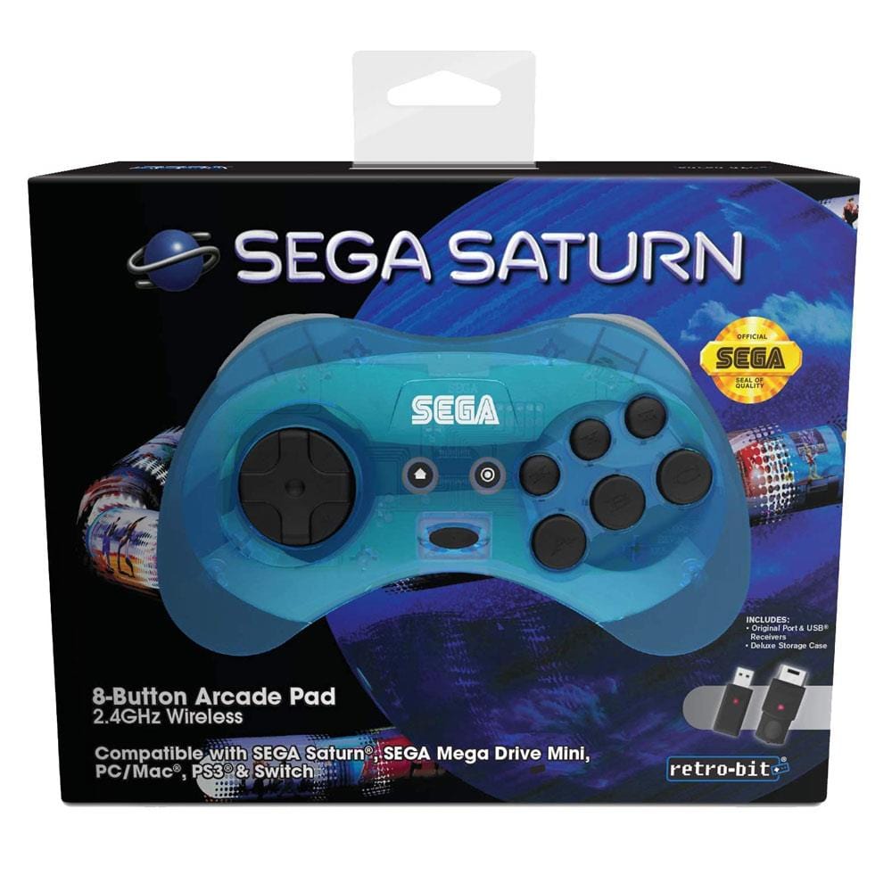 Retro-Bit Official SEGA Saturn 8-Button 2.4Ghz Wireless Arcade Pad - Blue - The Pi Hut