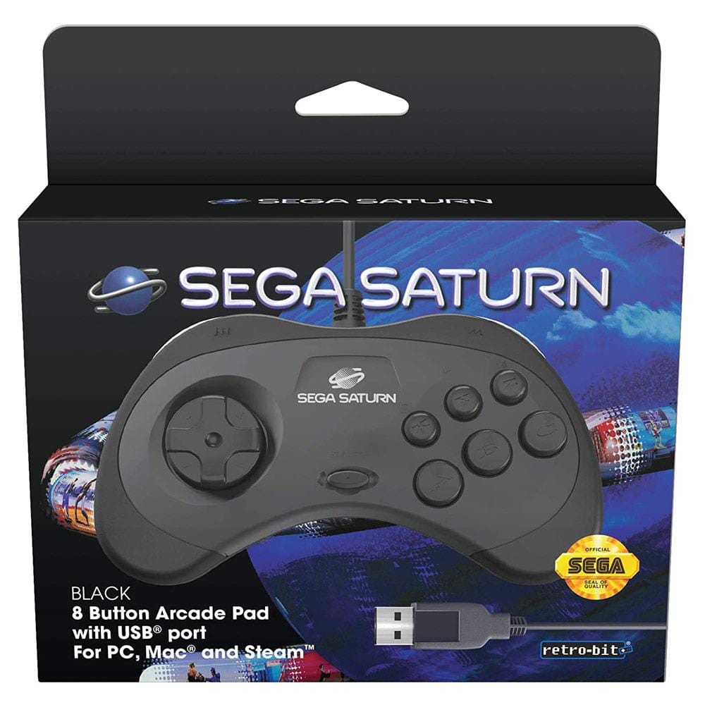 Retro-Bit Official SEGA Saturn 8-Button USB Arcade Pad - Black - The Pi Hut