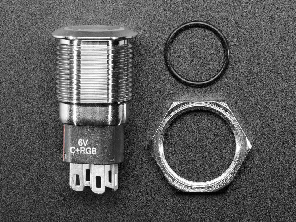 Rugged Metal Silver Finish Pushbutton - 16mm 6V RGB Latching (16mm RGB Latching) - The Pi Hut